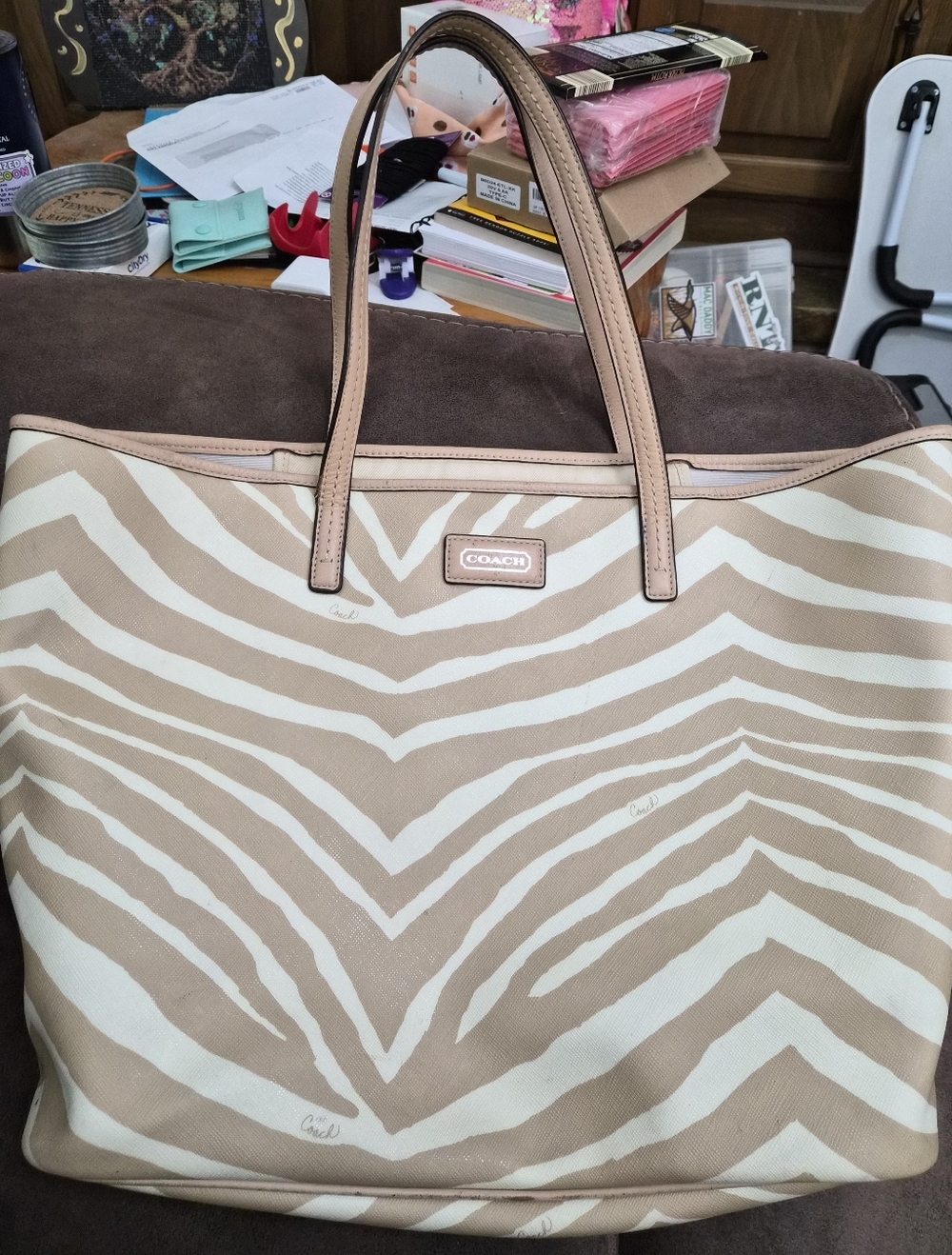 Coach Zebra-Print Tote Bag in Beige and White